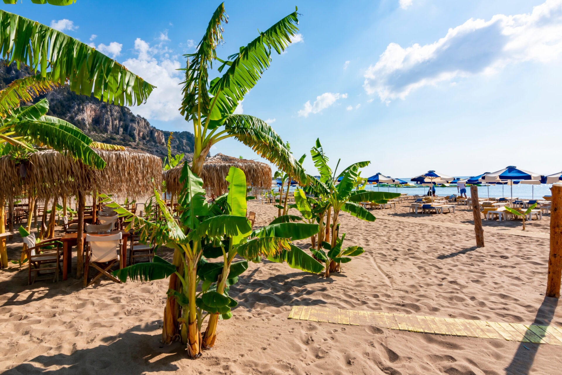 Goldener Sandstrand am Tsambíka Beach auf Rhodos mit Palmen und Sonnenschirmen im FKK-Bereich.