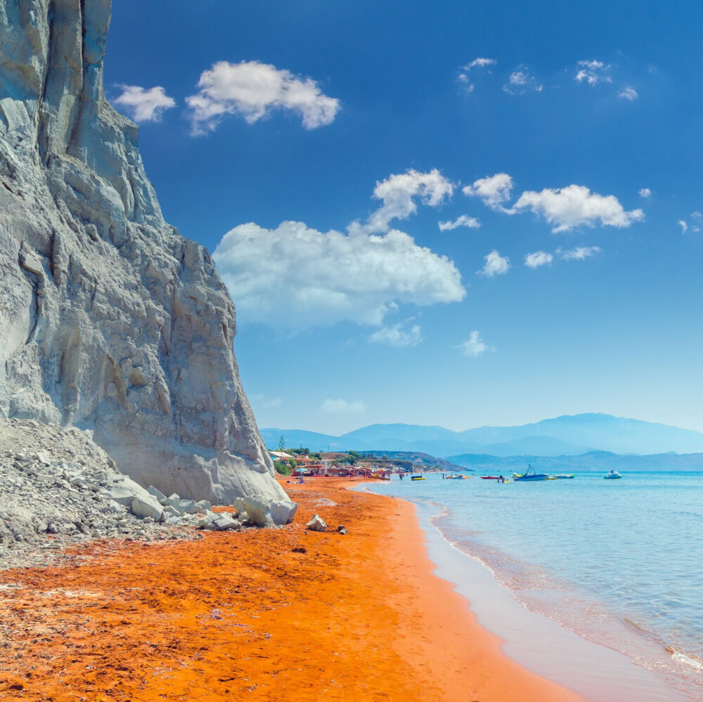 Xi Beach, Kefalonia Island, Greece. Beautiful view of Xi Beach, a beach with red sand in Cephalonia, Ionian Sea.