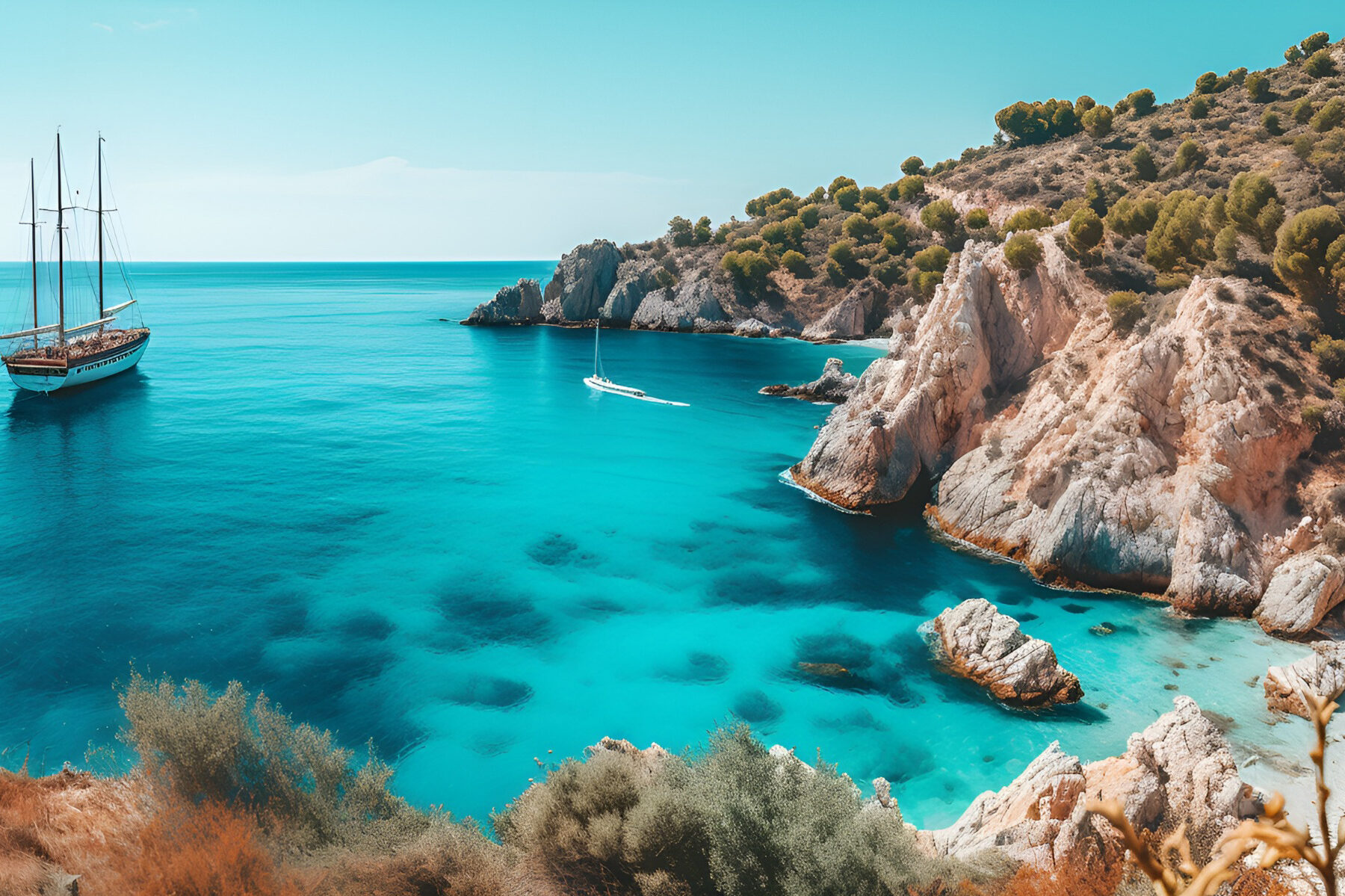 Boat Sailing into Turquoise Sea Waters at Porto Katsiki Beach, Lefkada, Greece" "Picturesque Boat Journey at Porto Katsiki Beach, Lefkada, Greece