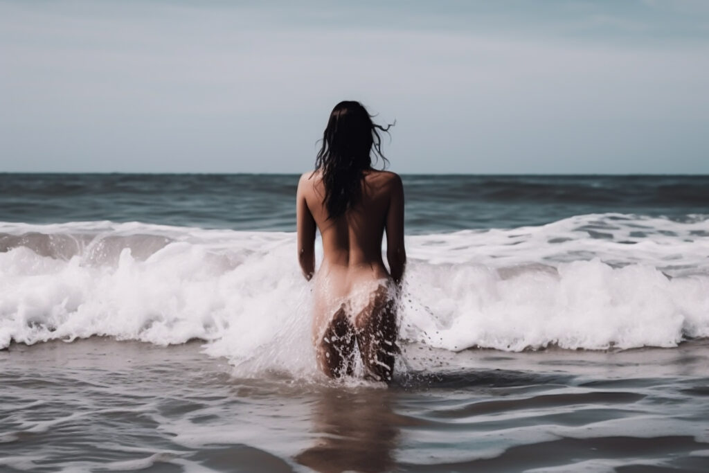 Nude girl with wet dark hair stands in water, embracing the sea,