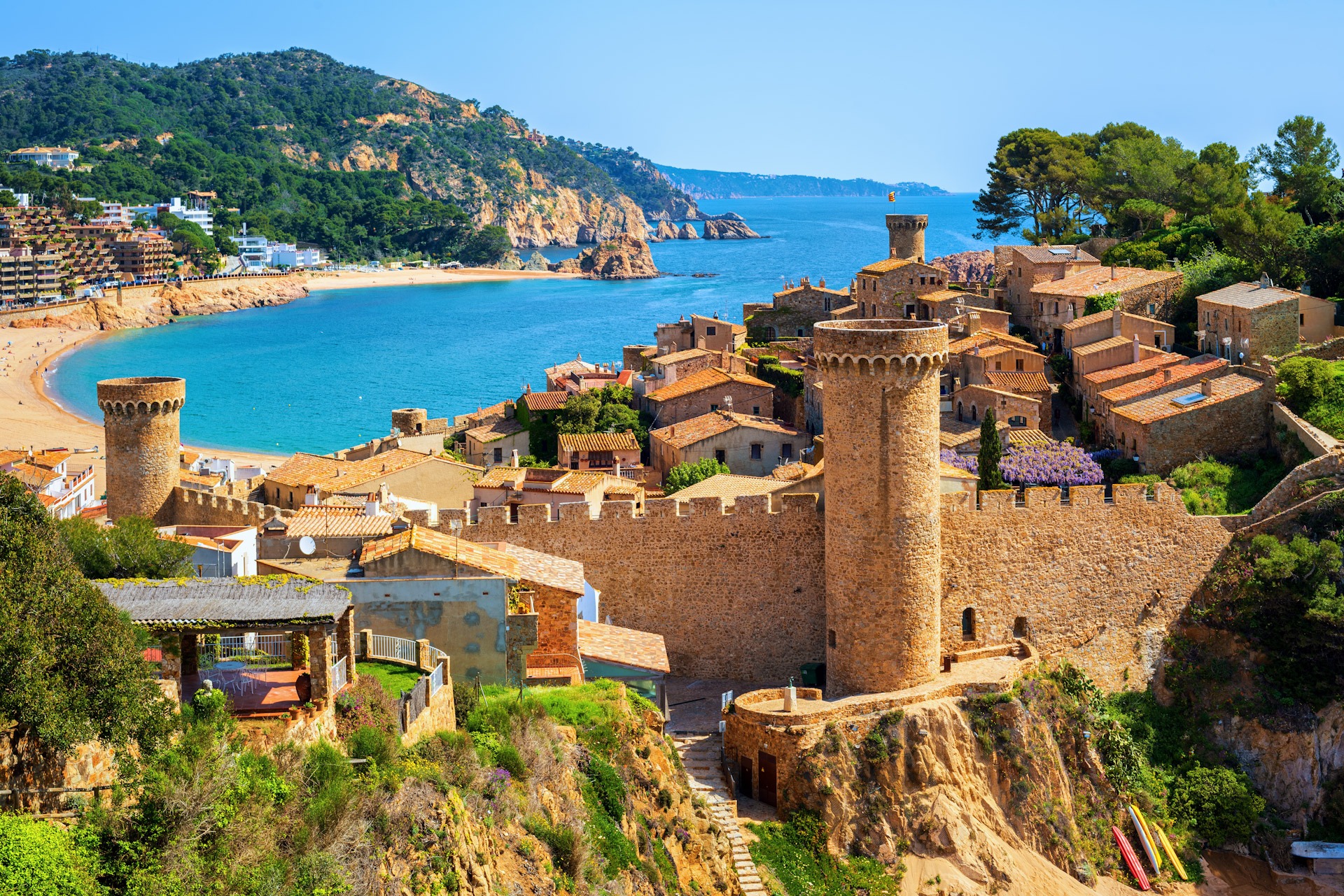 Tossa de Mar, sand beach and Old Town walls, Catalonia, Spain Costa Brava