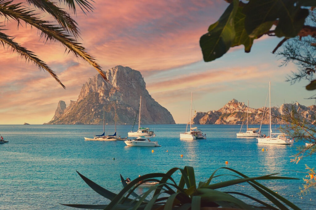 Cala d'Hort beach at sunset. Ibiza Island