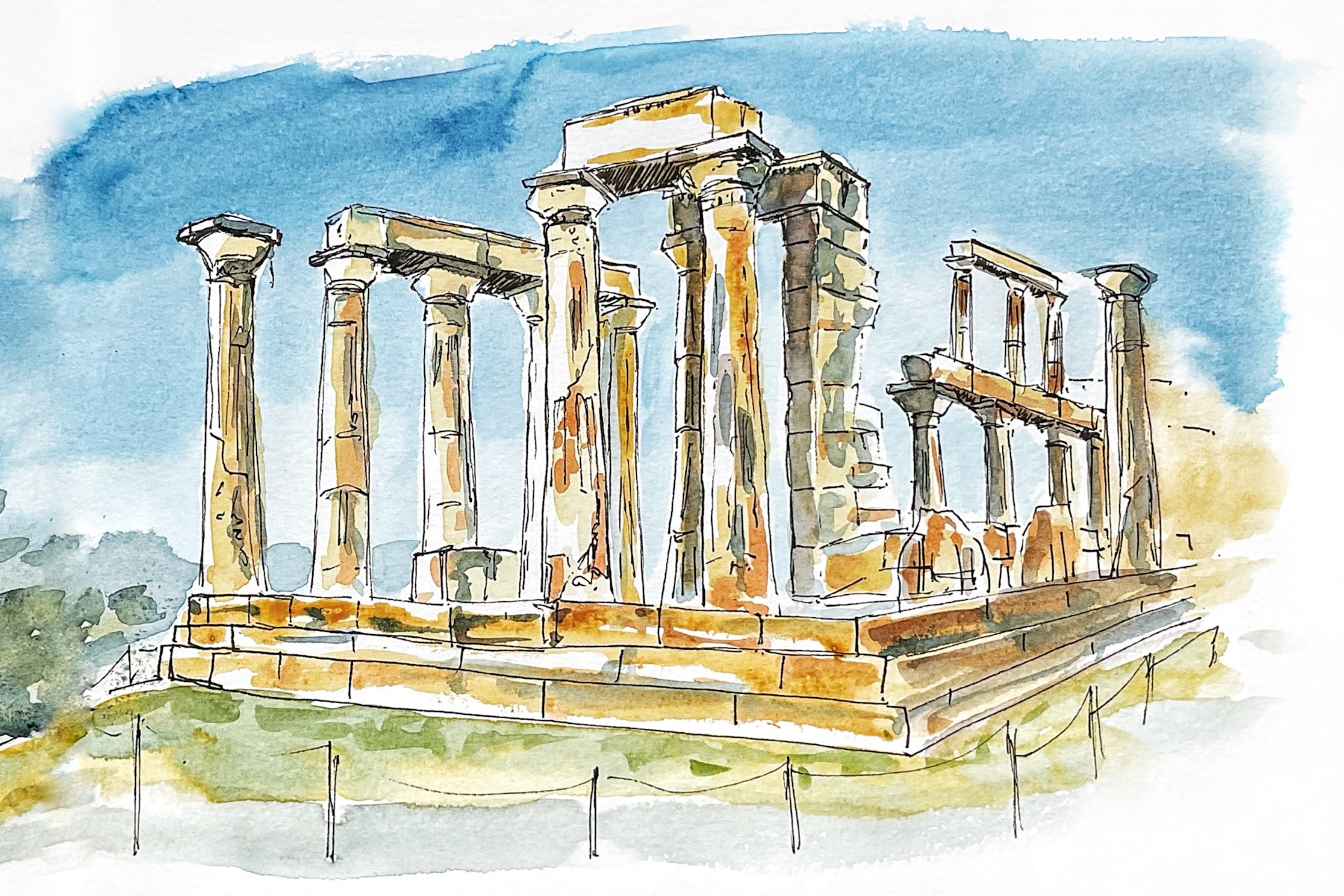 Illustration à l'aquarelle de ruines antiques d'un temple sur l acropolis greece