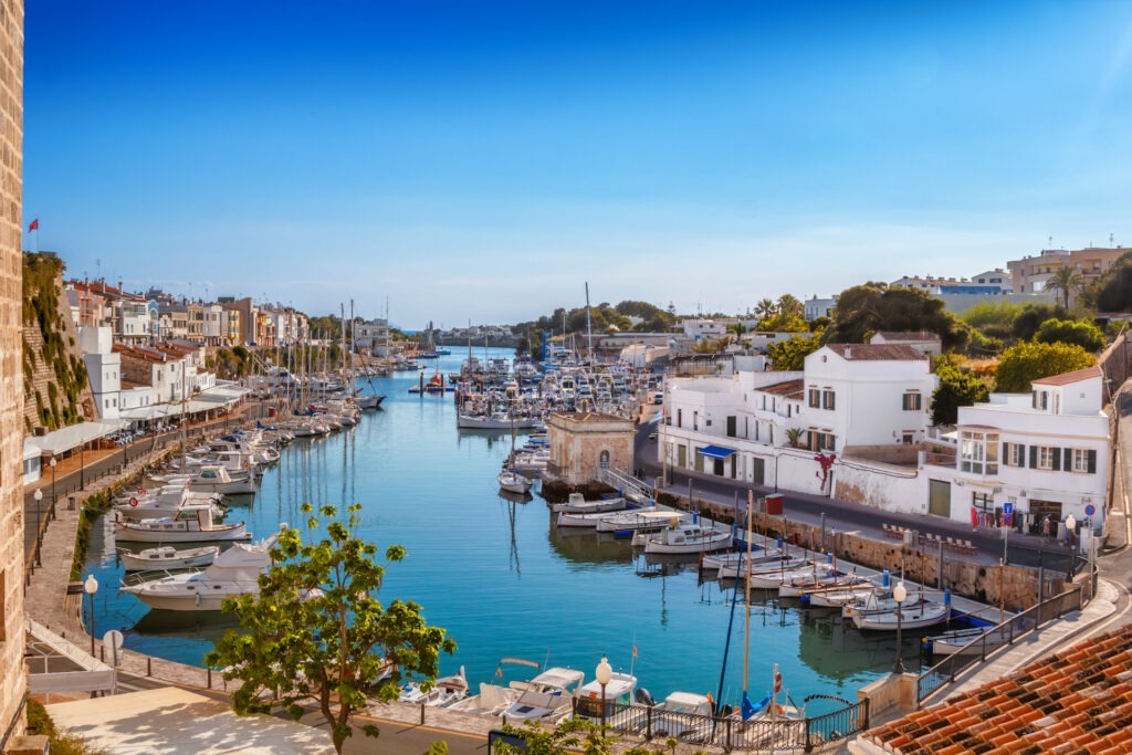 View on old town Ciutadella port on sunny day, Menorca island, S
