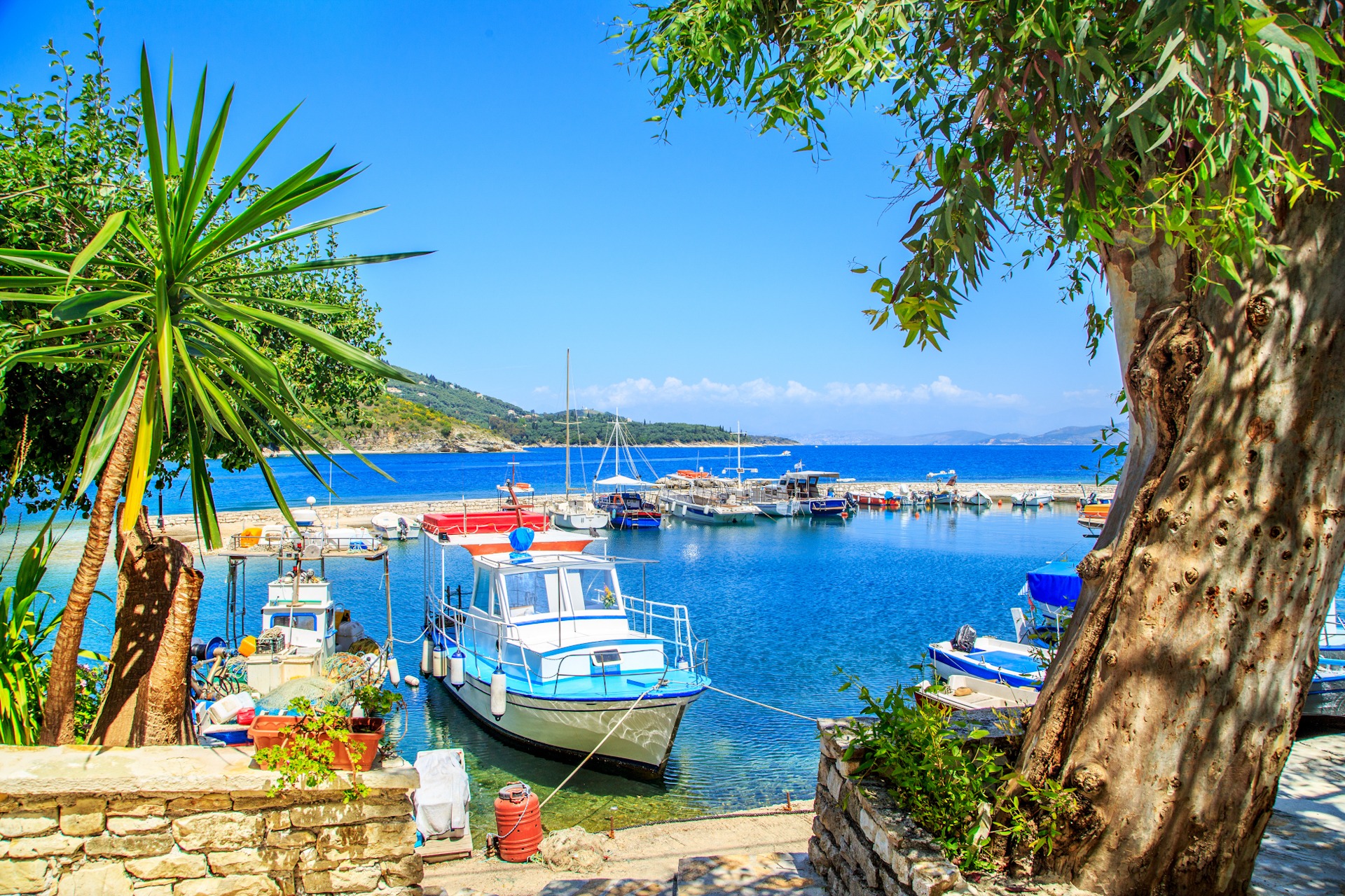 Boats in port Kouloura in Corfu, Greece 1920x1280 sp Boats in port Kouloura in Corfu, Greece