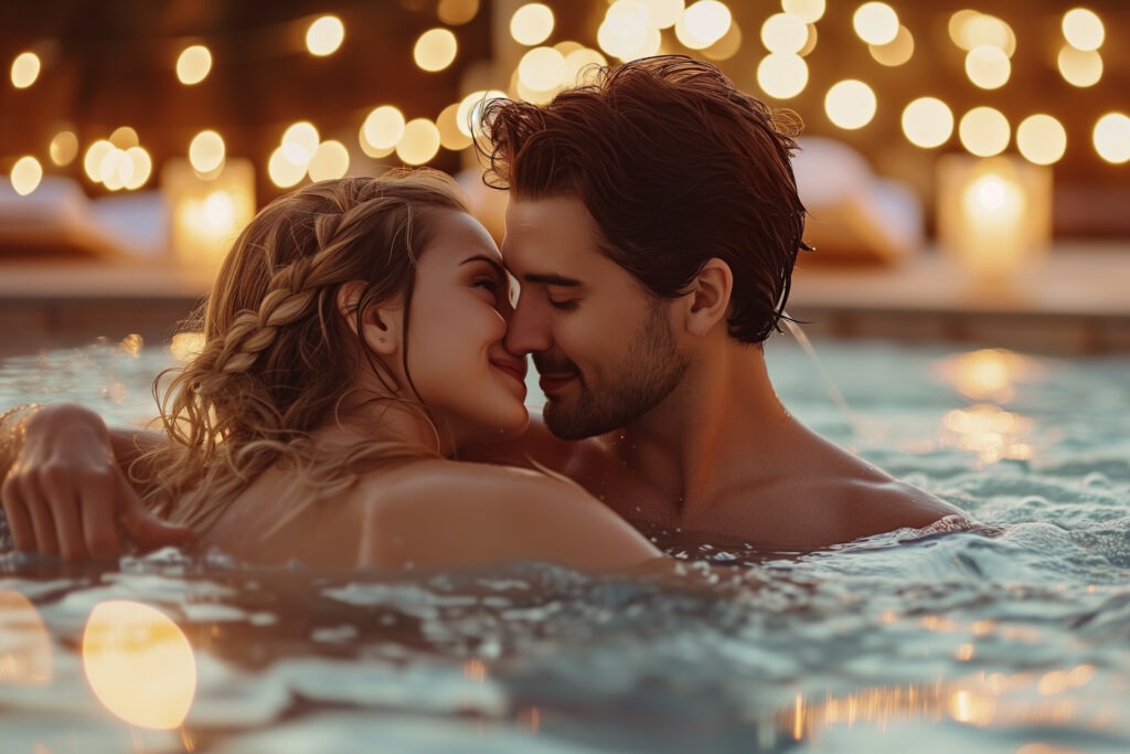 Therme Bad Schallerbach – Romantik & FKK-Wellness in Oberösterreich Verliebtes Paar entspannt im Whirlpool der Therme Bad Schallerbach in Oberösterreich – romantische Wellnessmomente in stimmungsvoller FKK-Atmosphäre.