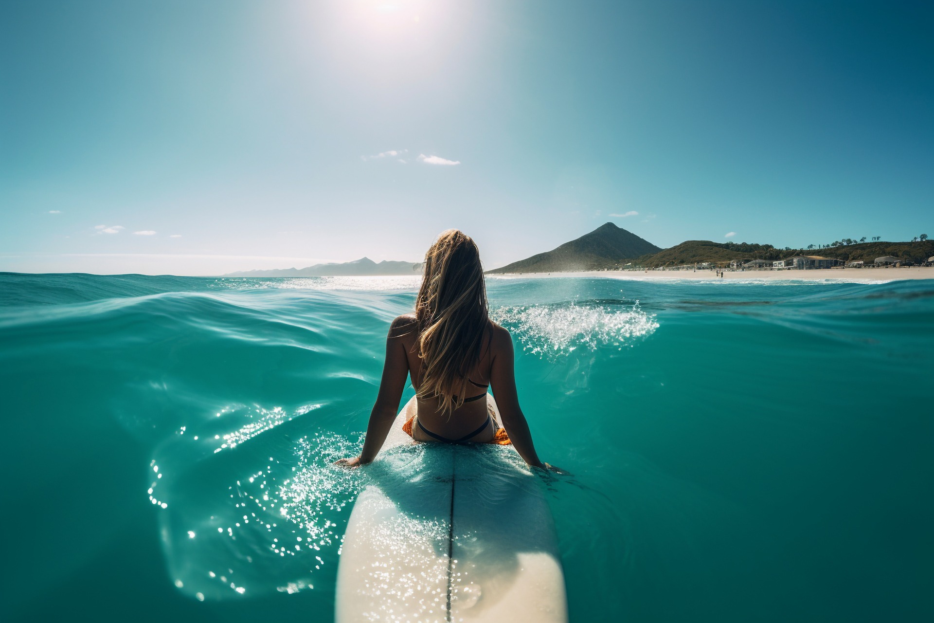 Woman swimming with a surf on the beach FKK-Lifestyle