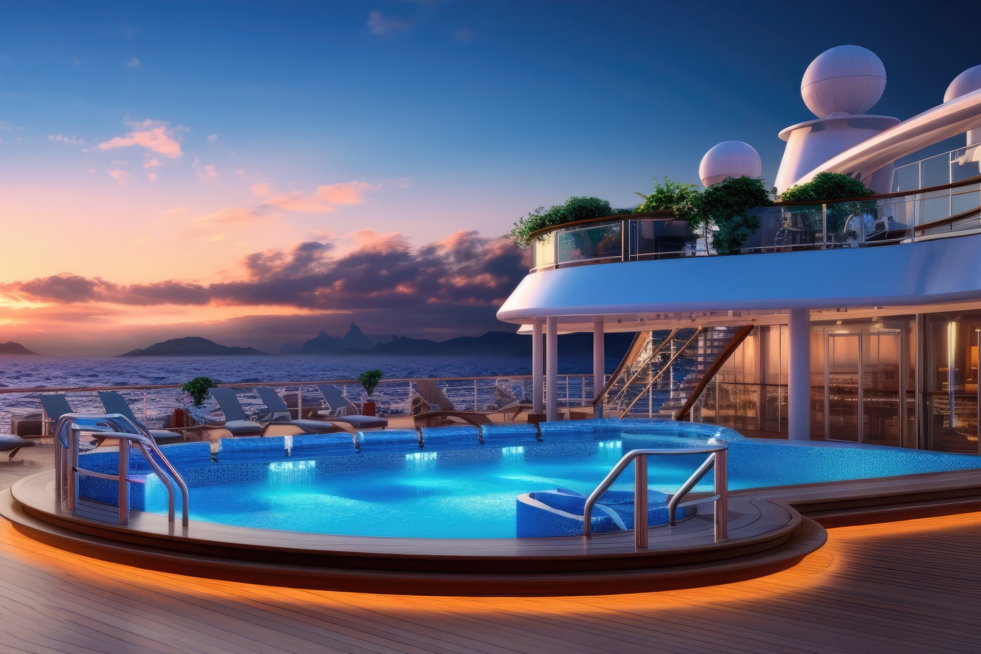 Luxury pool deck at modern cruise ship at summer vacation. 1920x1280 sp FKK-Lifestyle