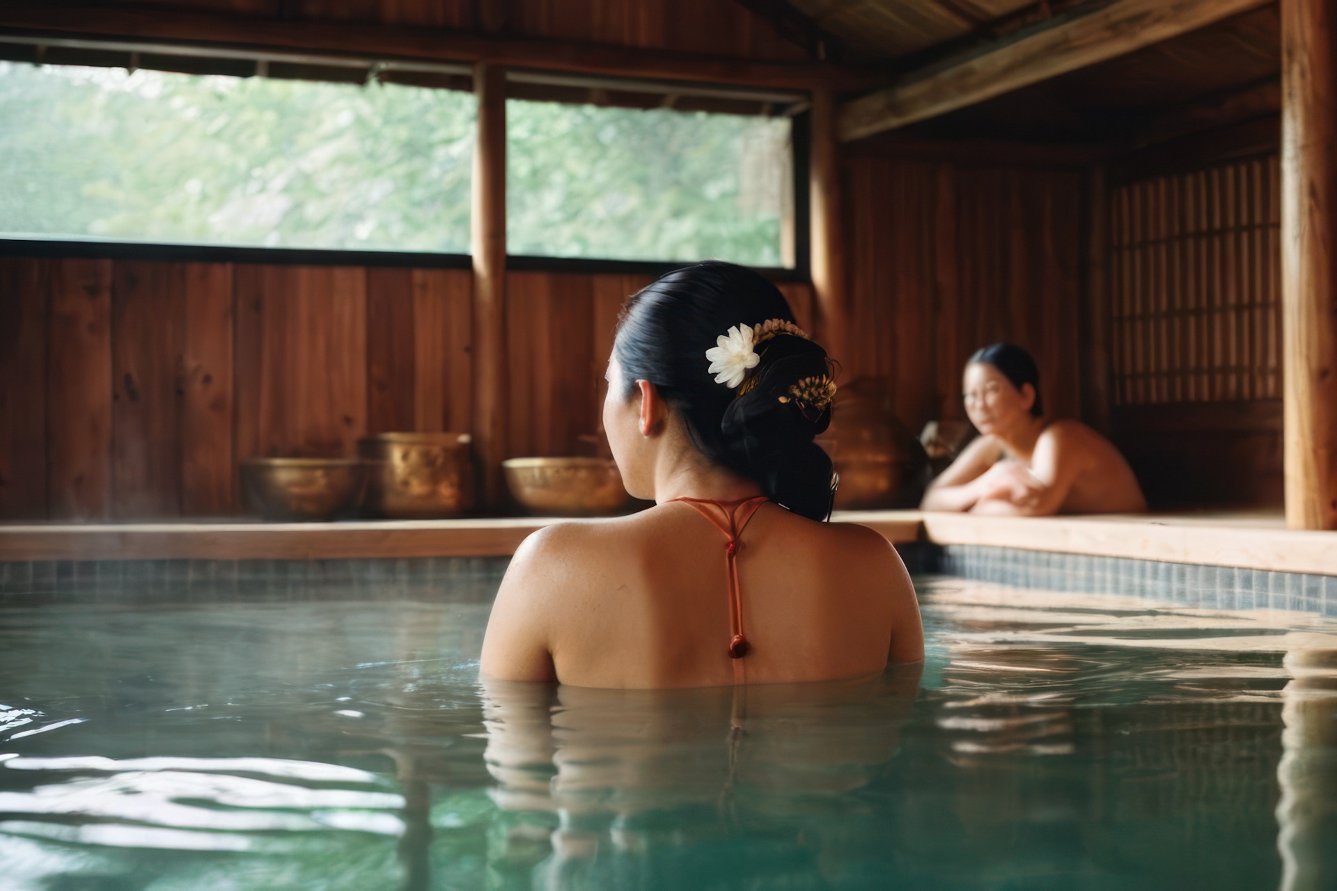 a woman with a flower in her hair sitting in a pool next to ano FKK-Lifestyle