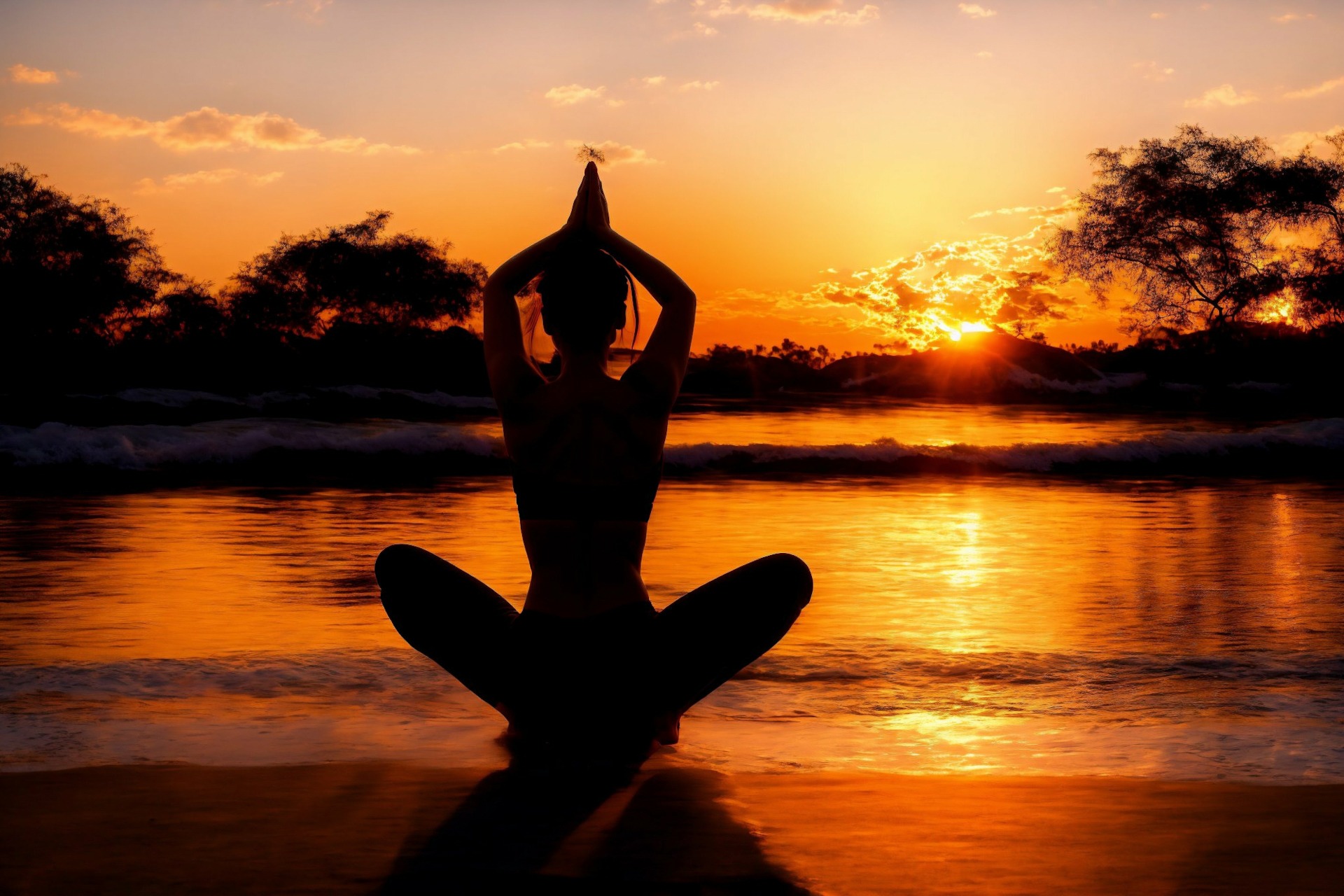 Young woman practicing yoga on the beach at sunrise. Yoga concep FKK-Lifestyle
