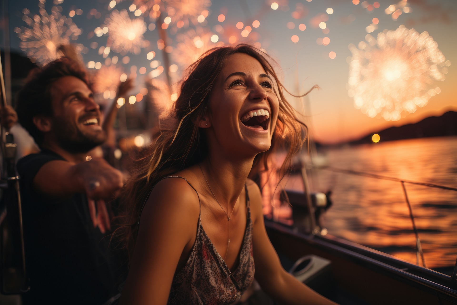Laughing 30s couple celebrate holiday in the boat, seated in FKK-Cruises FKK-Lifestyle