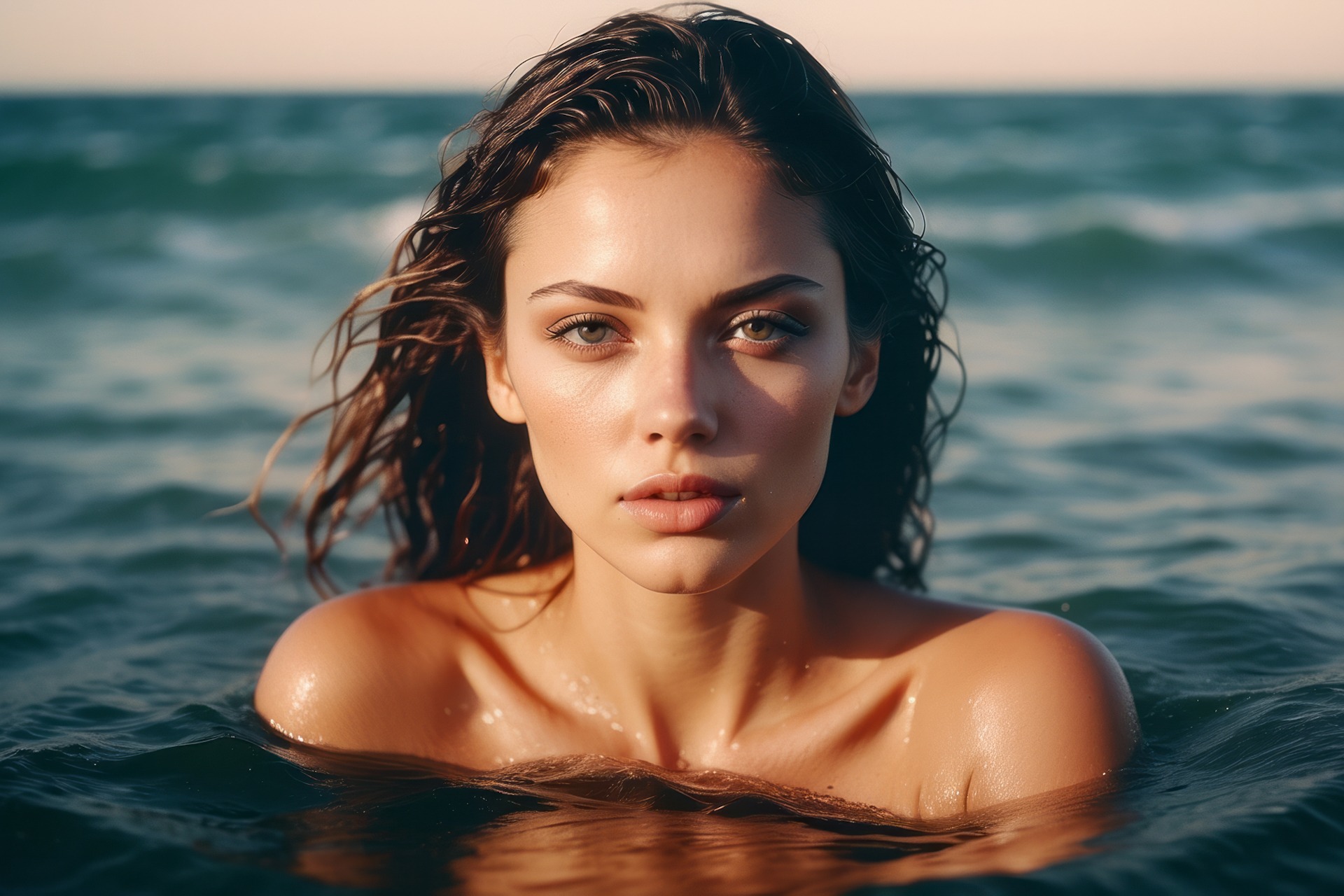 Portrait of wet woman with wet body in ocean water. FKK-Lifestyle