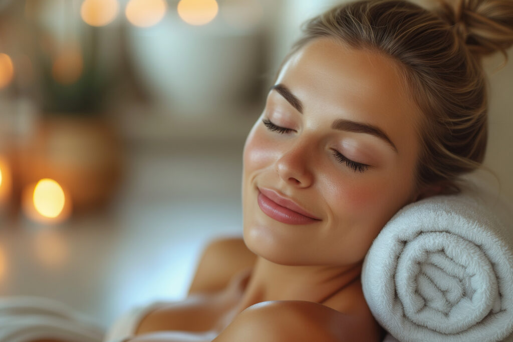 Entspannte Frau genießt eine FKK-Wellness-Auszeit in einer Therme in Deutschland mit warmem Licht und ruhiger Spa-Atmosphäre.