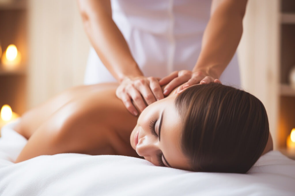 FKK-Wellness Massage in Südtirol: Frau entspannt bei einer Rückenmassage im Spa mit Kerzenschein.