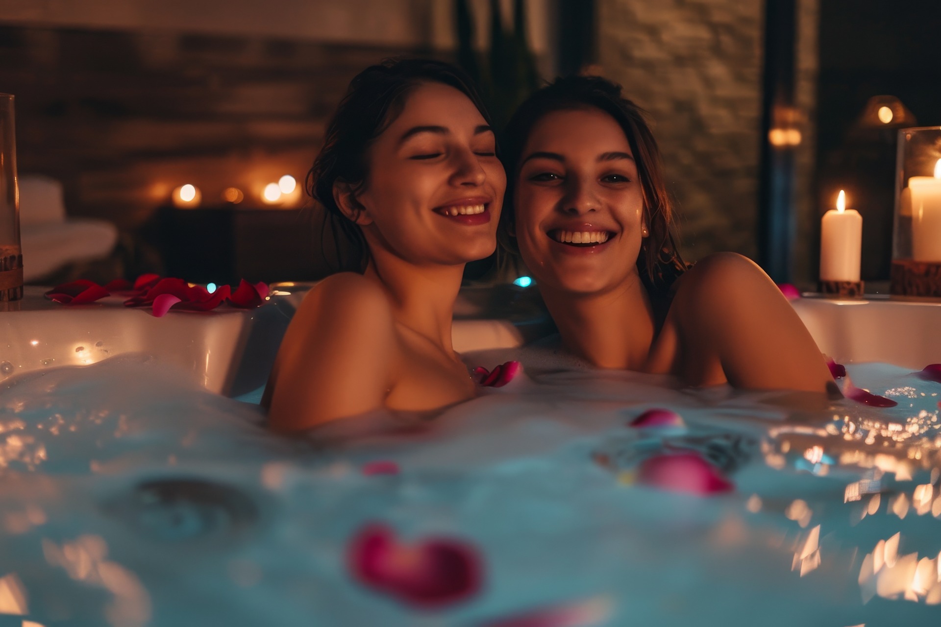 Two women are in a bathtub with candles lit around them FKK&Wellness Beautiful body of woman while relaxing in Finnish sauna