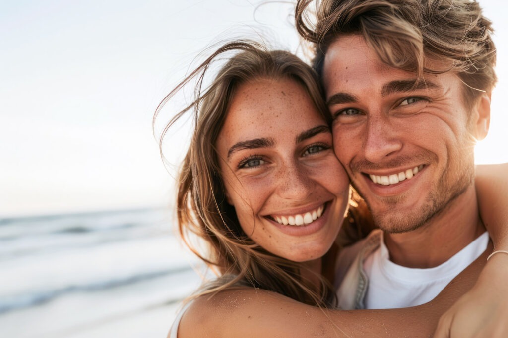 Close up portrait of a beautiful young couple smiling on a summe FKK-Resort Desire Riviera Maya mit Palmen, Gartenwegen und Strohdach-Pavillons in der Sonne.
