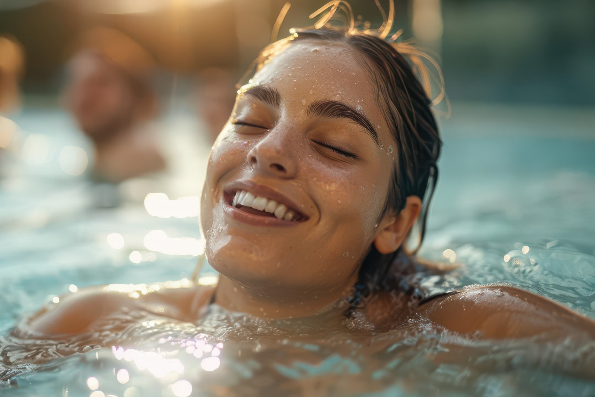 Naturistin schwimmt im Pool eines FKK-Resorts in Istrien.