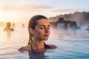 Entspannte Frau im warmen Thermalwasser einer Therme