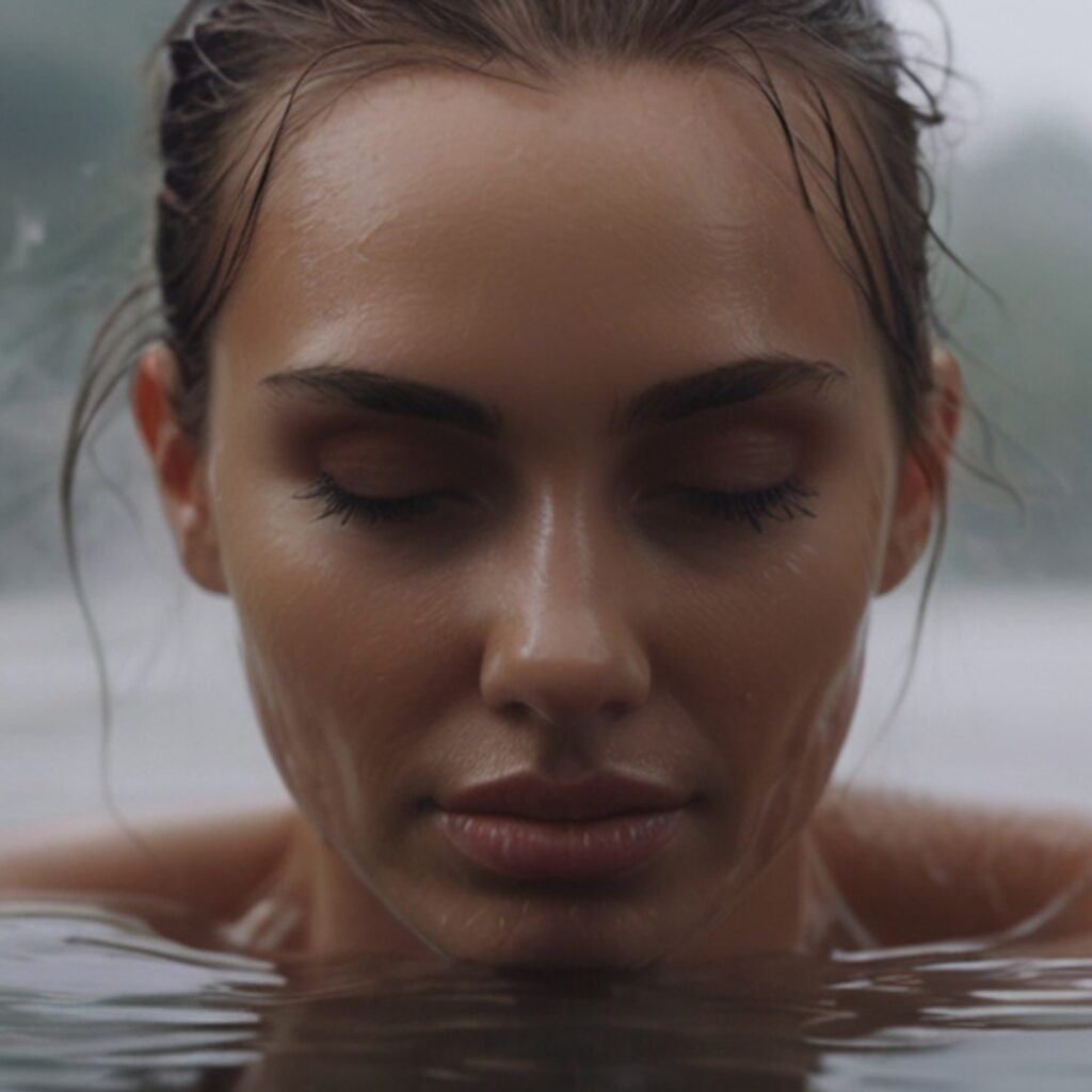 Beautiful young woman relaxing in the outdoor thermal bath Nackte Frau mit lockigem Haar am Strand – Symbolbild für Freiheit und Natürlichkeit beim FKK-Urlaub auf Gran Canaria.