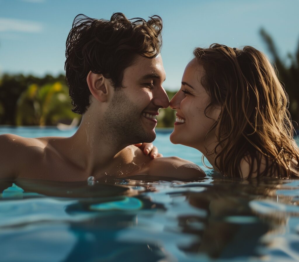 Paar genießt einen entspannten Moment im warmen Außenpool einer Wellness- oder FKK-Therme.