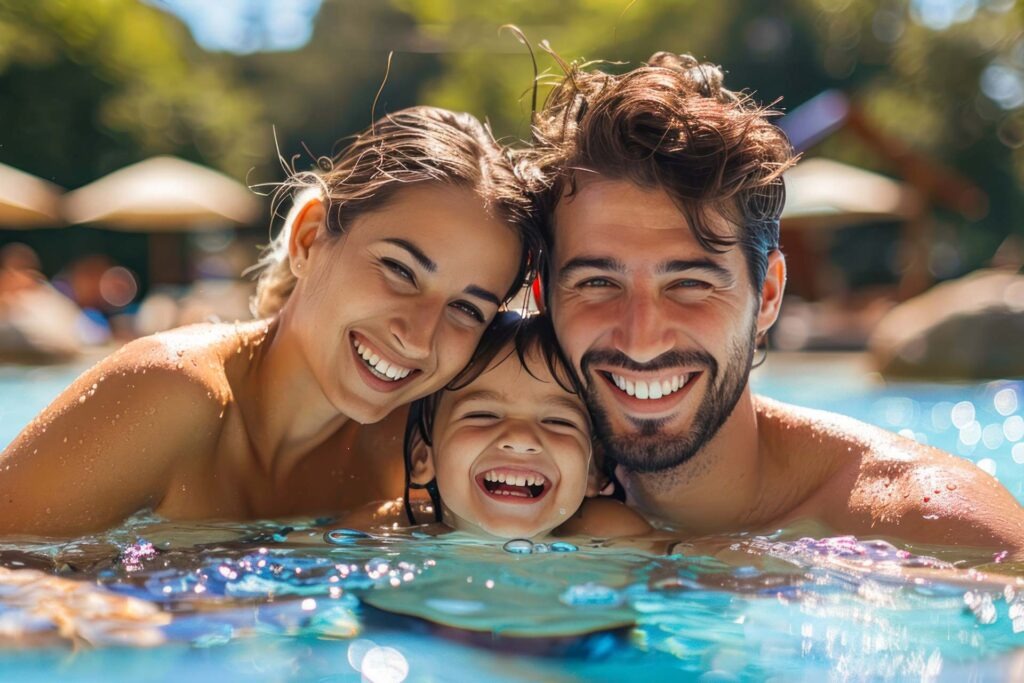 Familie im FKK-Resort in Kroatien genießt gemeinsamen Badeurlaub im Poolbereich