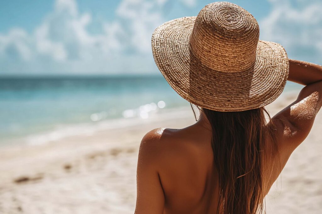 Nackte junge Frau liegt entspannt am Sandstrand, ihr Körper ist mit feinem Sand bedeckt, Sinnbild für Freiheit, Natürlichkeit und FKK-Urlaub im Winter 2025/26.