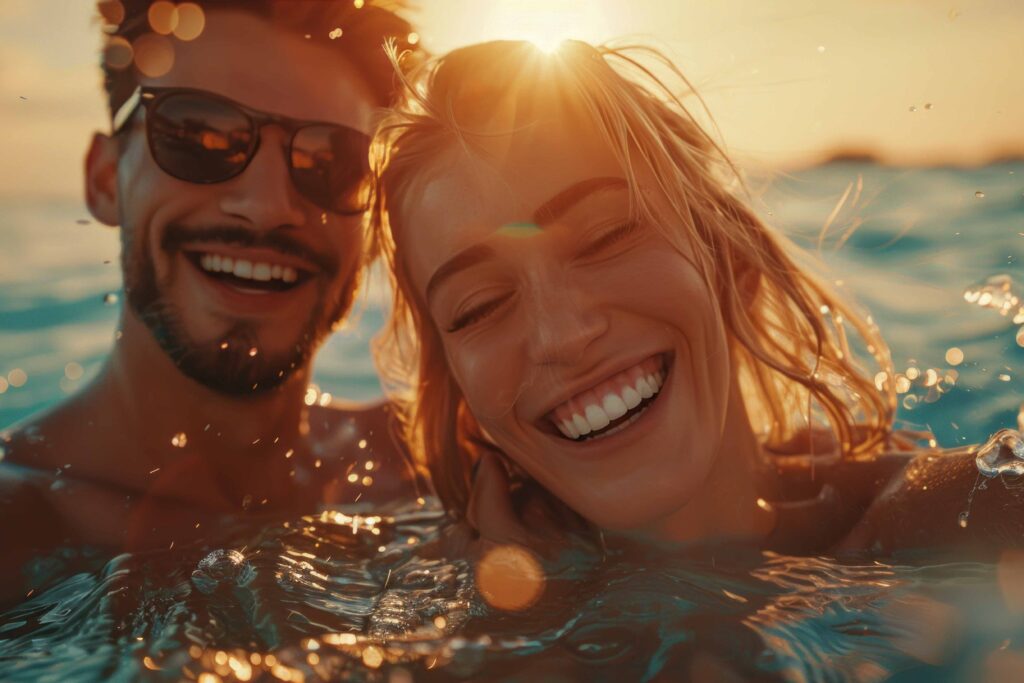 Frau genießt volle Freiheit beim Nacktbaden im Meer an einem FKK-Strand in Griechenland