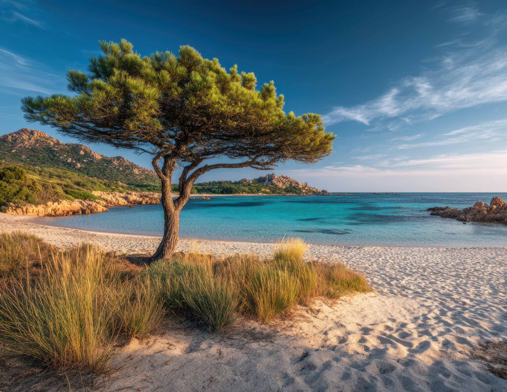 Lone pine on Palombaggia Beach, Corsica: sunlit Mediterranean sh Naturist Park Koversada bei Vrsar mit Meer, Inseln und FKK-Stränden