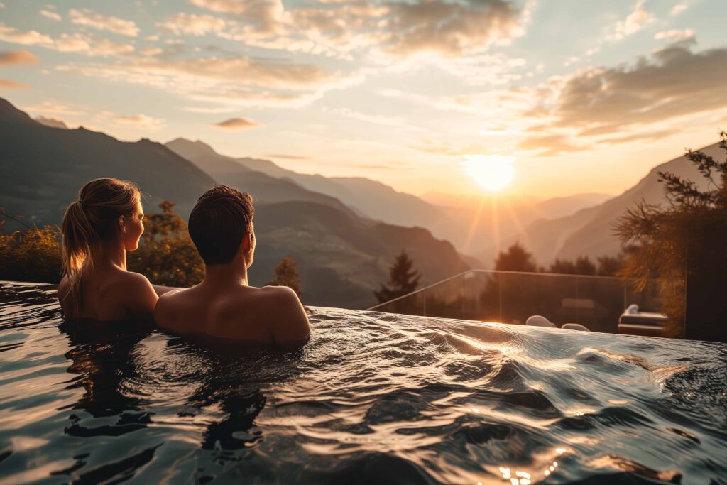 Paar entspannt im Infinity-Pool mit Blick auf die Alpen bei Sonnenuntergang in Österreich