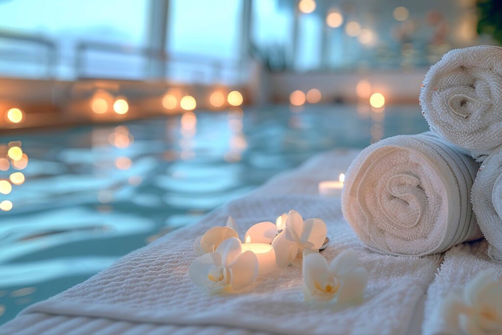 Entspannender Spa- und Wellnessbereich mit Kerzen, Handtüchern und Pool in einem Wellnesshotel in Deutschland