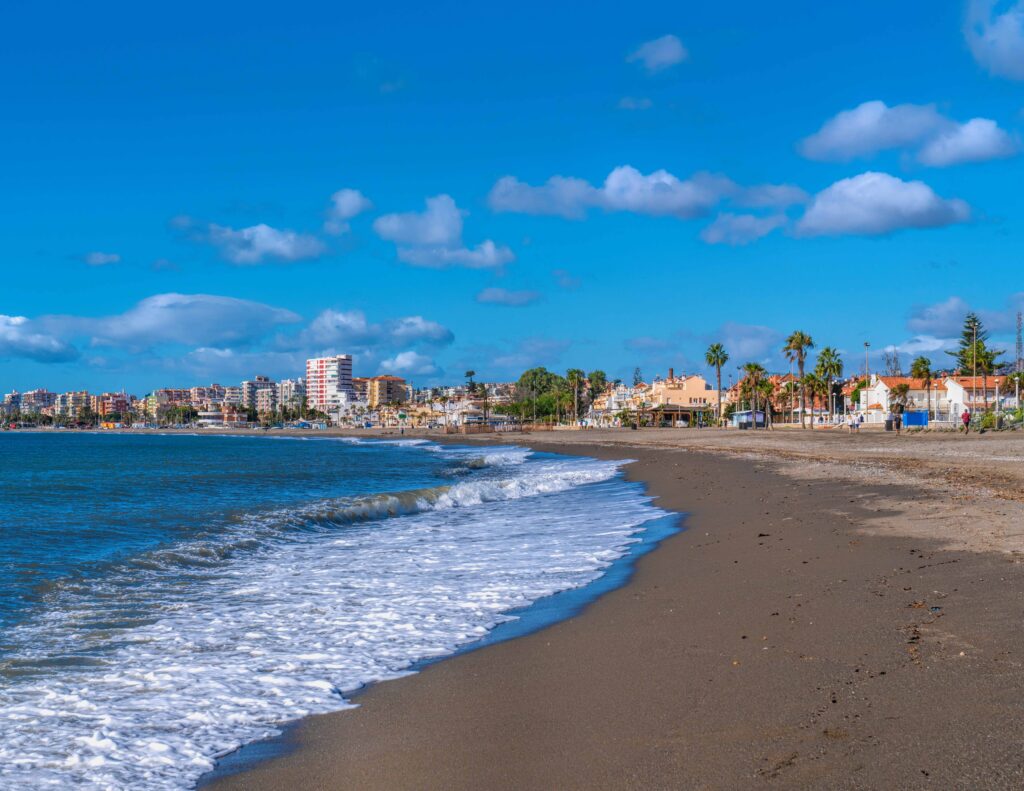 Torre del Mar beach west of Caleta de Velez Spain Malaga Provinc FKK-Strand Sa Canova bei Son Serra de Marina auf Mallorca – naturbelassener, langer Sandstrand mit türkisblauem Meer und Blick auf das Tramuntana-Gebirge.