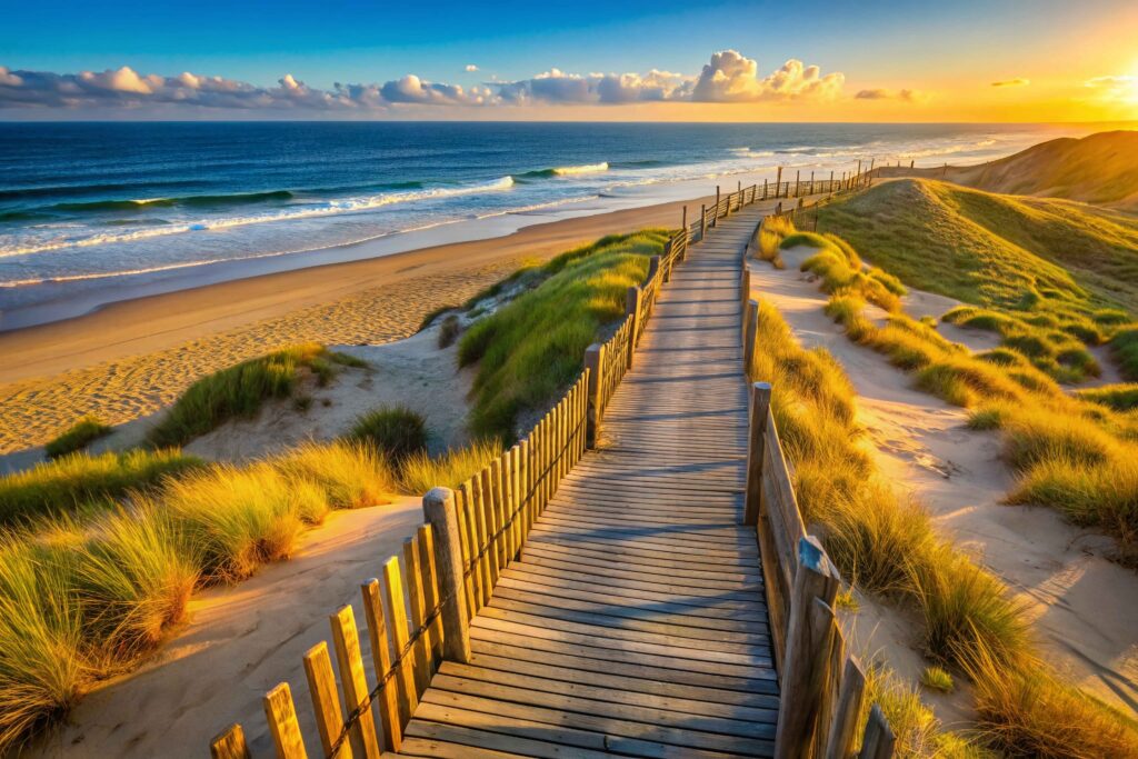 Coastal Footpath, Wooden Fence, Montalivet Dunes, France - Drone Naturist Park Koversada bei Vrsar mit Meer, Inseln und FKK-Stränden