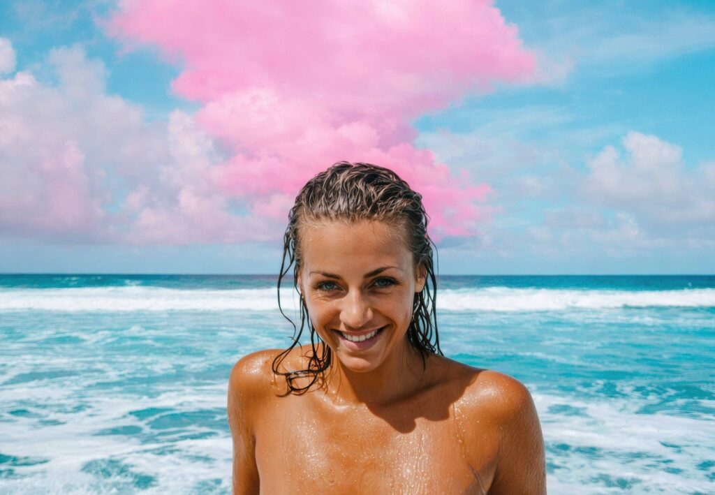 Frau im türkisblauen Meer an einem traumhaften Strand in Frankreich mit Wellen, Sonne und entspannter Urlaubsatmosphäre.