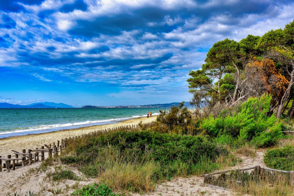 View of the landscape of the Sterpaia Coastal Park in Riotorto T Luftaufnahme des Plage Naturiste de Cap d'Agde mit kilometerlangem Sandstrand, Yachthafen und Mittelmeerküste in Südfrankreich.