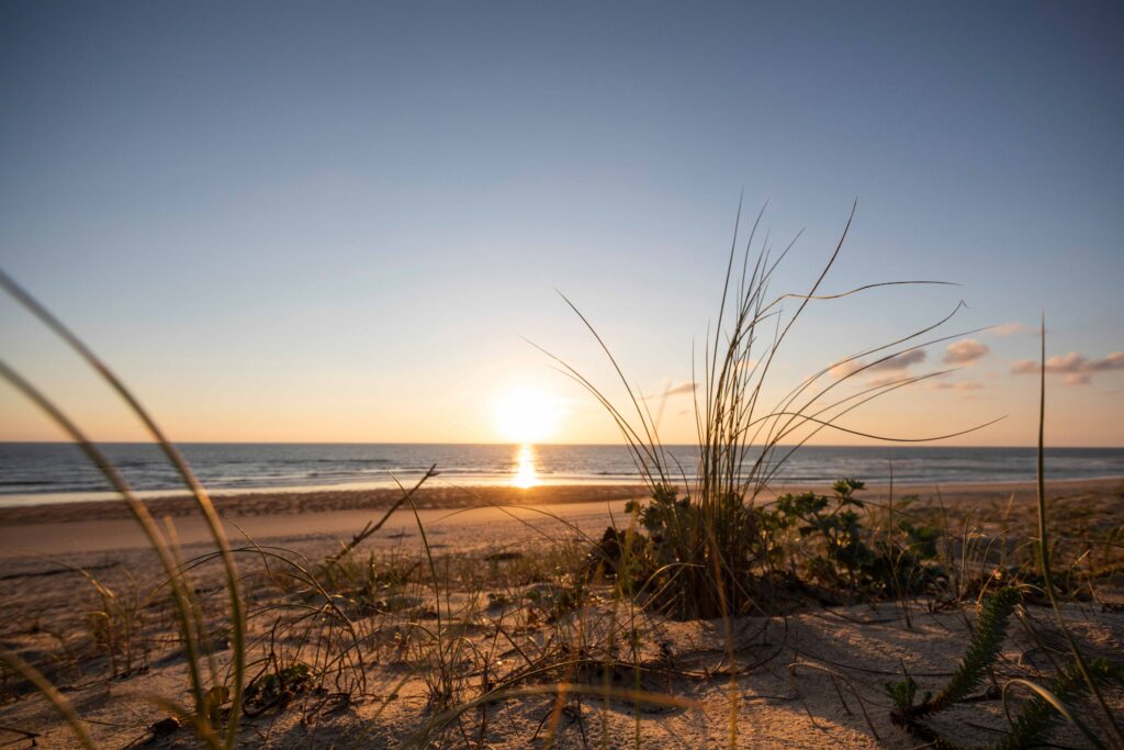 Huttopia Lanes Sud Luftaufnahme des Plage Naturiste de Cap d'Agde mit kilometerlangem Sandstrand, Yachthafen und Mittelmeerküste in Südfrankreich.