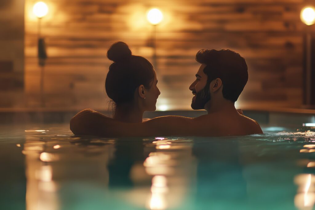 Happy young couple spending quality time in a serene sauna envir Kristall Therme Seelze in Niedersachsen mit Thermalbecken, Palmen und orientalischem Ambiente im FKK-Wellnessbereich.