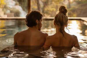 Paar entspannt gemeinsam im Pool eines Wellnesshotels