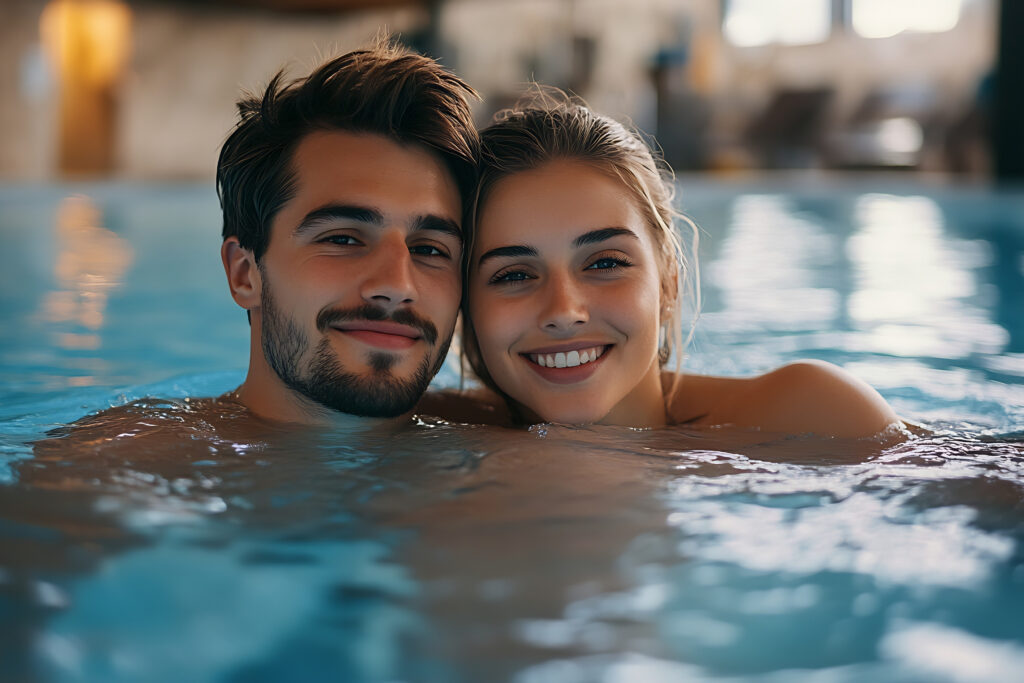Handsome young couple relaxing in the indoor swimming pool : Gen FKK-Thermalbecken in der Kristall Therme Ludwigsfelde mit Palmen, warmem Wasser und stimmungsvoller Abendbeleuchtung in Brandenburg.